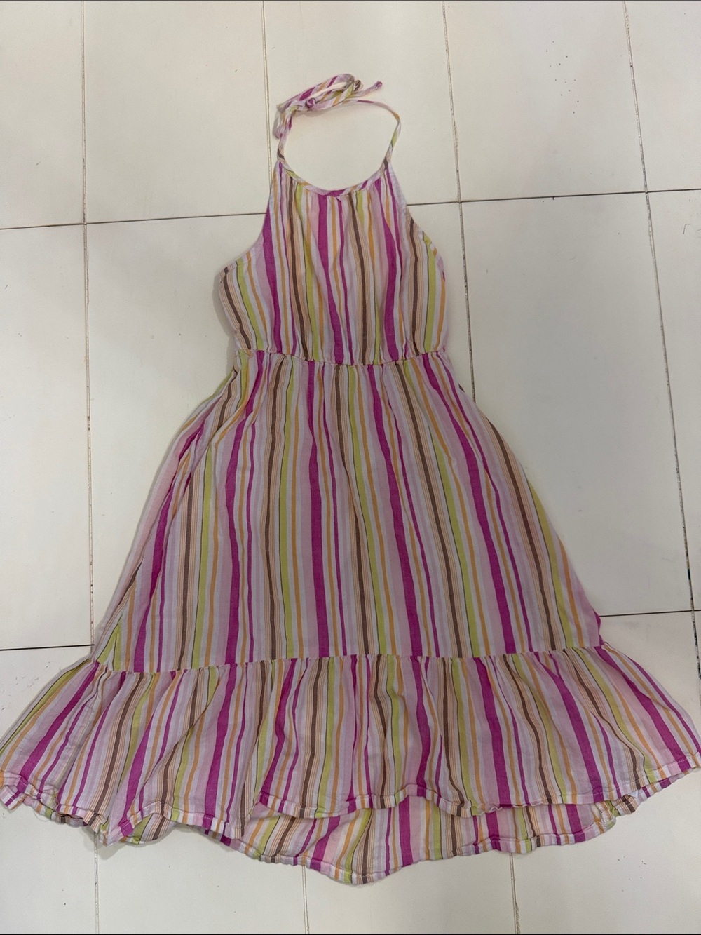Girls Lined Halter Stripe Summer Dress - Pink & Green
